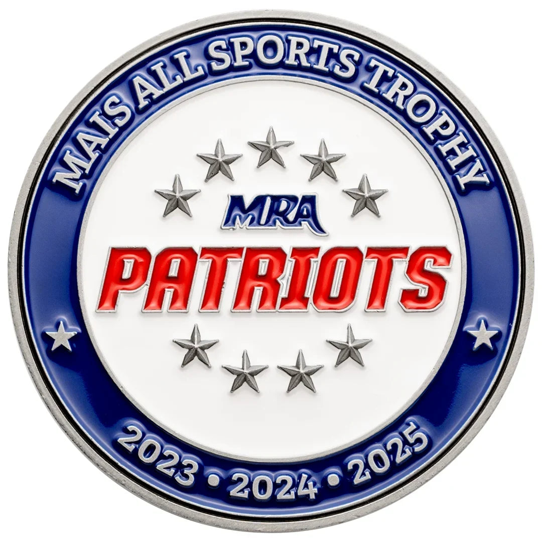 Circular silver medallion with blue and red enamel, a team emblem and a season date range