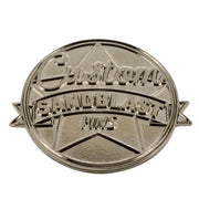 Embossed metal die struck pin design example