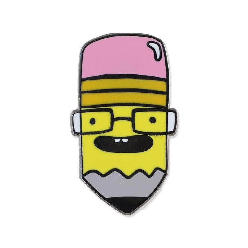 Tall pencil character custom badge pin with a narrow vertical shape
