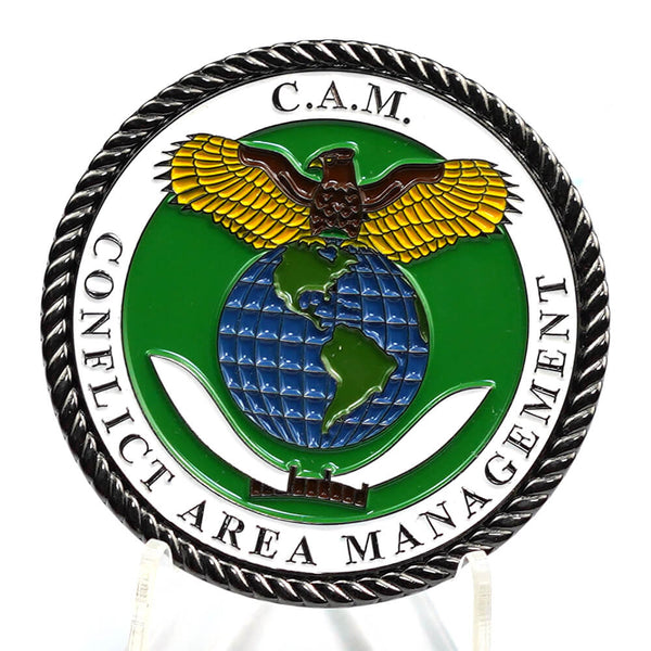 Custom eagle and globe challenge coin with green enamel, blue enamel and twisted rope edge
