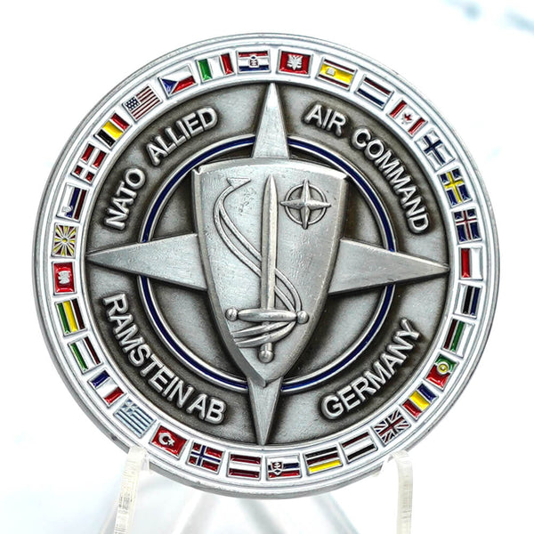 Custom NATO Allied Air Command challenge coin with international flags and silver metal finish