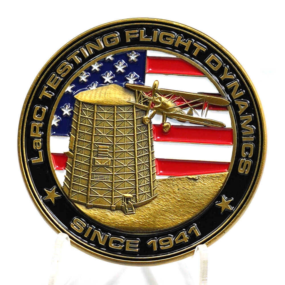 Custom military aviation challenge coin with American flag, aircraft emblem and gold metal finish