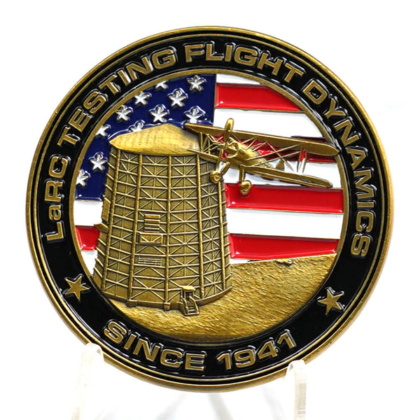 Custom military aviation challenge coin with American flag, aircraft emblem and gold metal finish