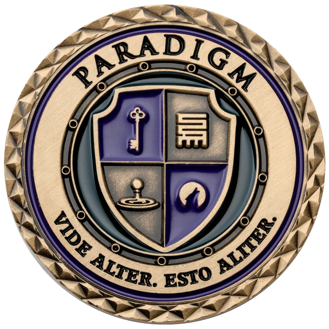 Custom challenge coin with a shield crest in purple and gold enamel Main image