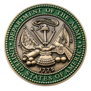 Custom army coin with the Department of the Army seal and green enamel border