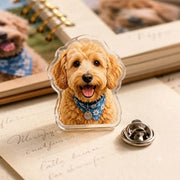 Custom acrylic pet portrait pin featuring a dog design