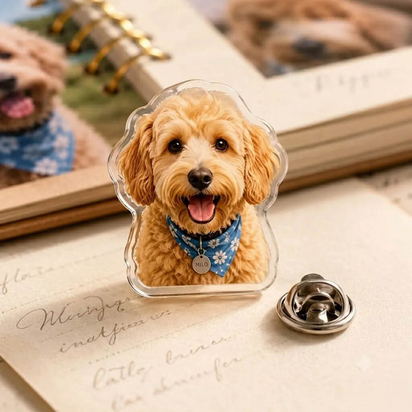 Custom acrylic pet portrait pin featuring a dog design
