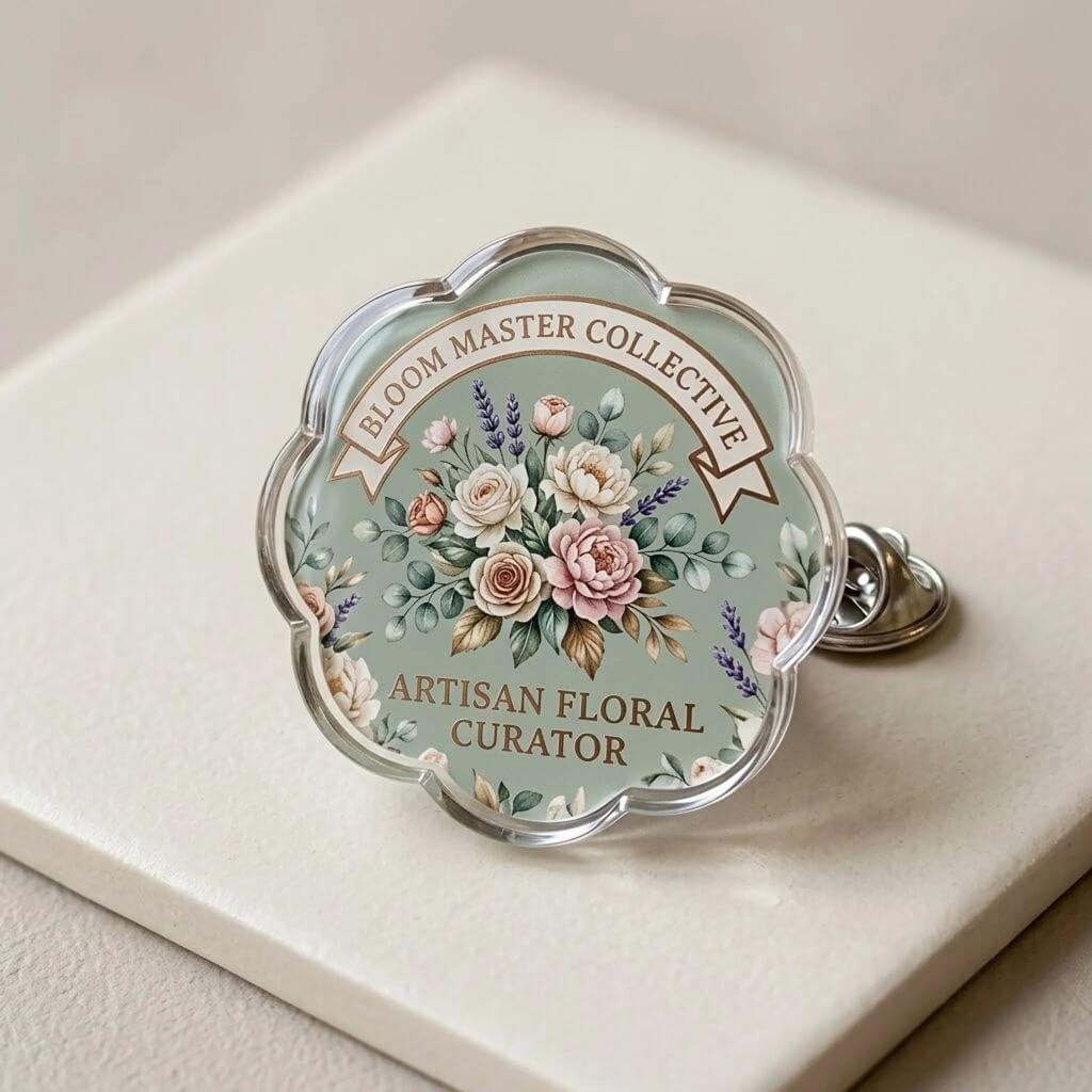 Custom flower-shaped acrylic pin with detailed botanical printing