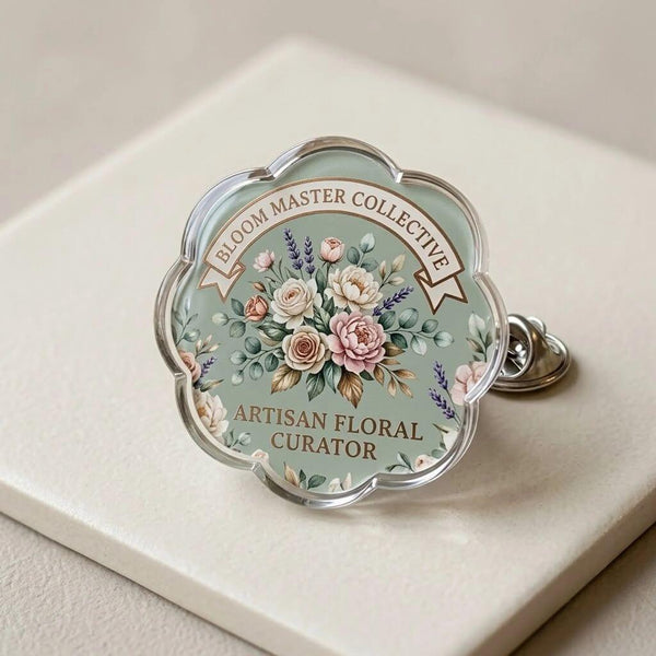 Custom acrylic pin with a detailed floral illustration
