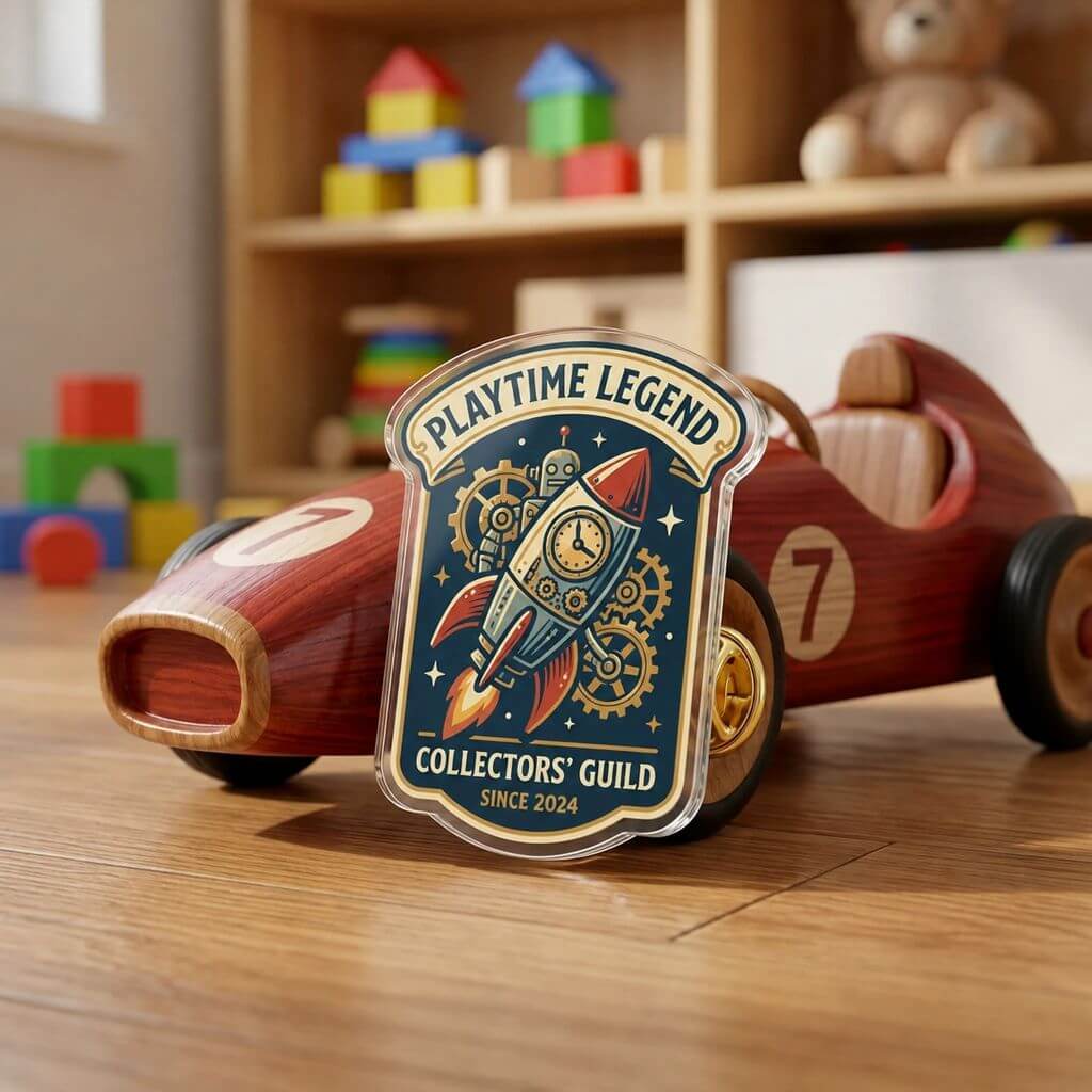 Custom acrylic pin featuring a colorful toy character design