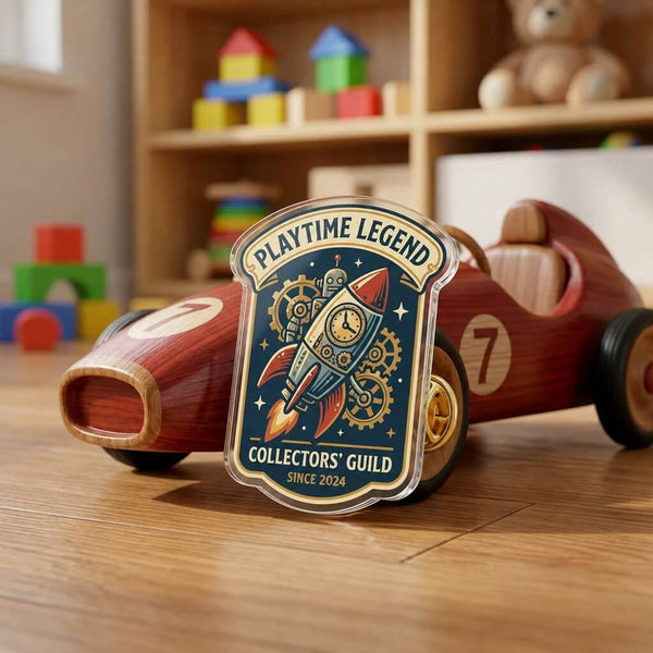 Custom acrylic pin featuring a colorful toy character design