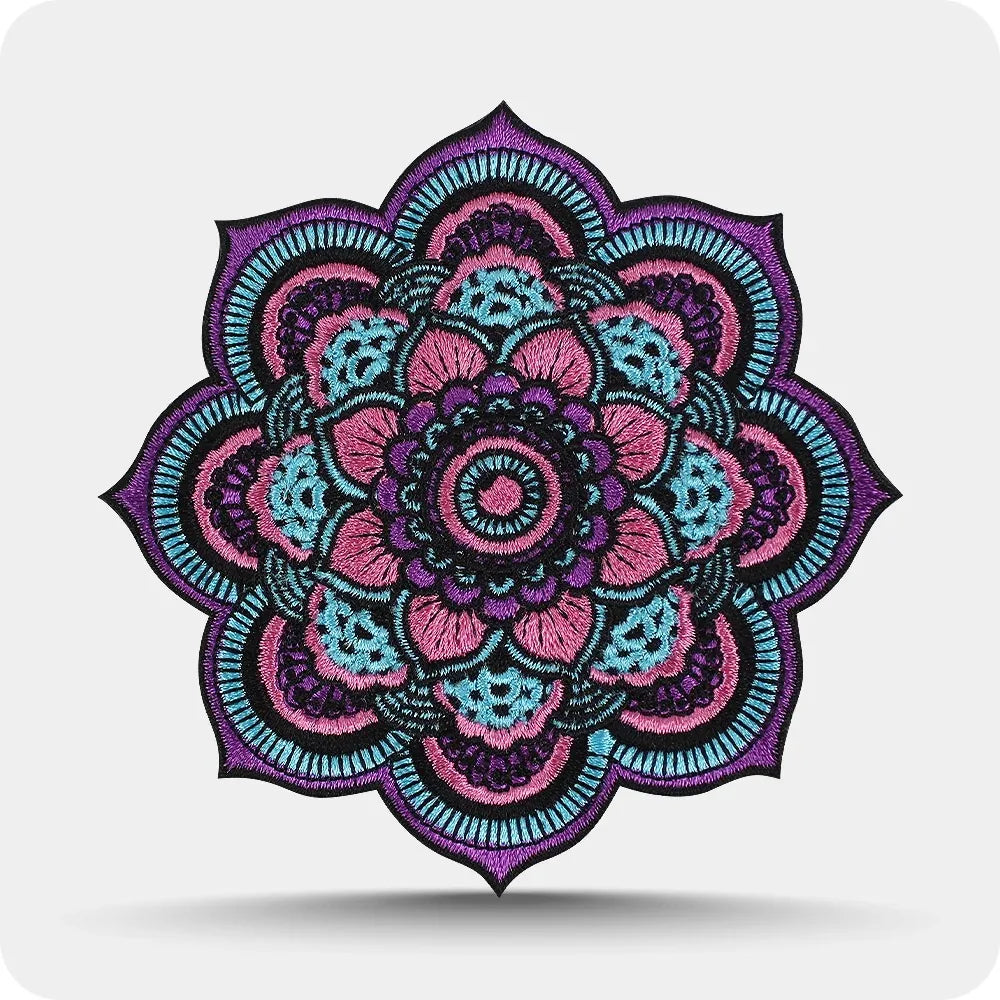 Custom embroidered patch with a purple and pink mandala floral design and die-cut scalloped edge Main image