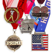 Custom gymnastics and dance medals with glitter enamel and star shapes on pink ribbons