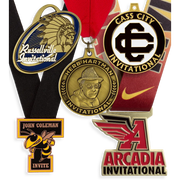 Custom invitational medals in antique gold with die-cut mascot shapes and enamel school colours