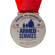 Antique silver custom medal for a marathon, half marathon and 5K, with flags and figures in raised relief