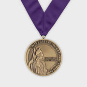 Custom faculty award medal in antique gold with sculpted figure relief and a purple neck ribbon