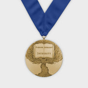 Custom honour medal in gold with a sculpted tree and open book design, on a royal blue ribbon