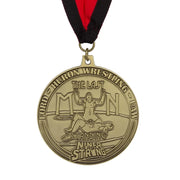 Custom wrestling medal in antique gold with sculpted wrestler relief and a black and red ribbon