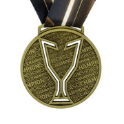 Custom championship medal in antique gold with a cut-out trophy silhouette and textured background