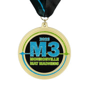 Custom wrestling tournament medal in gold with black enamel and blue and green glitter lettering