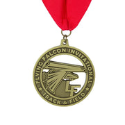 Custom track and field invitational medal in antique gold with a cut-out falcon mascot and red ribbon