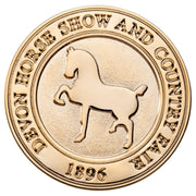 Round custom die struck pin with polished raised horse design