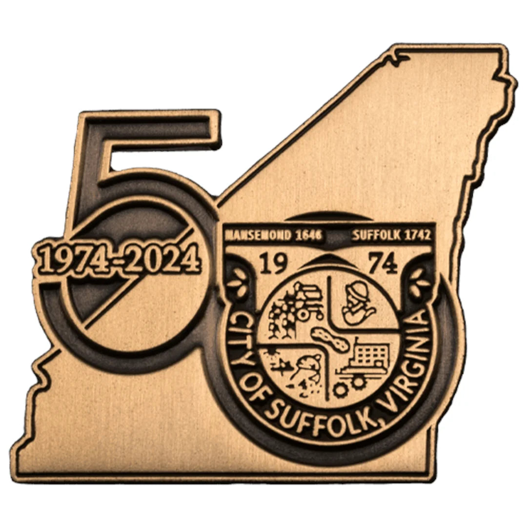 Custom die struck lapel pin with raised and recessed metal detail