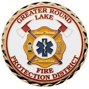 Custom firefighter challenge coin with a red Maltese cross